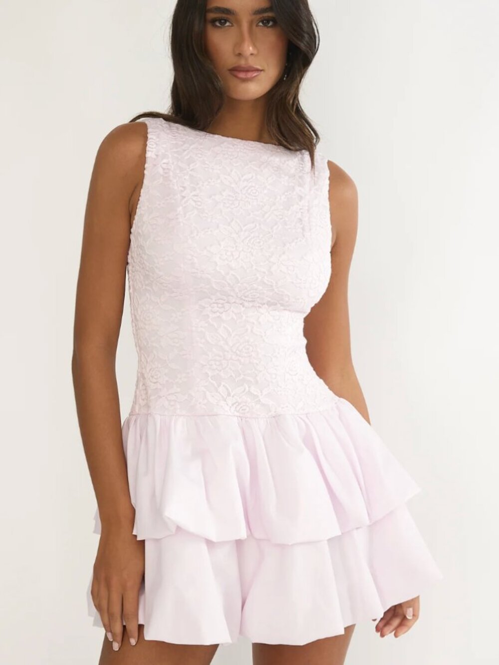 Selfie Leslie Lilac Bubble Hem High Neck Lace Mini Dress NWT - Small
